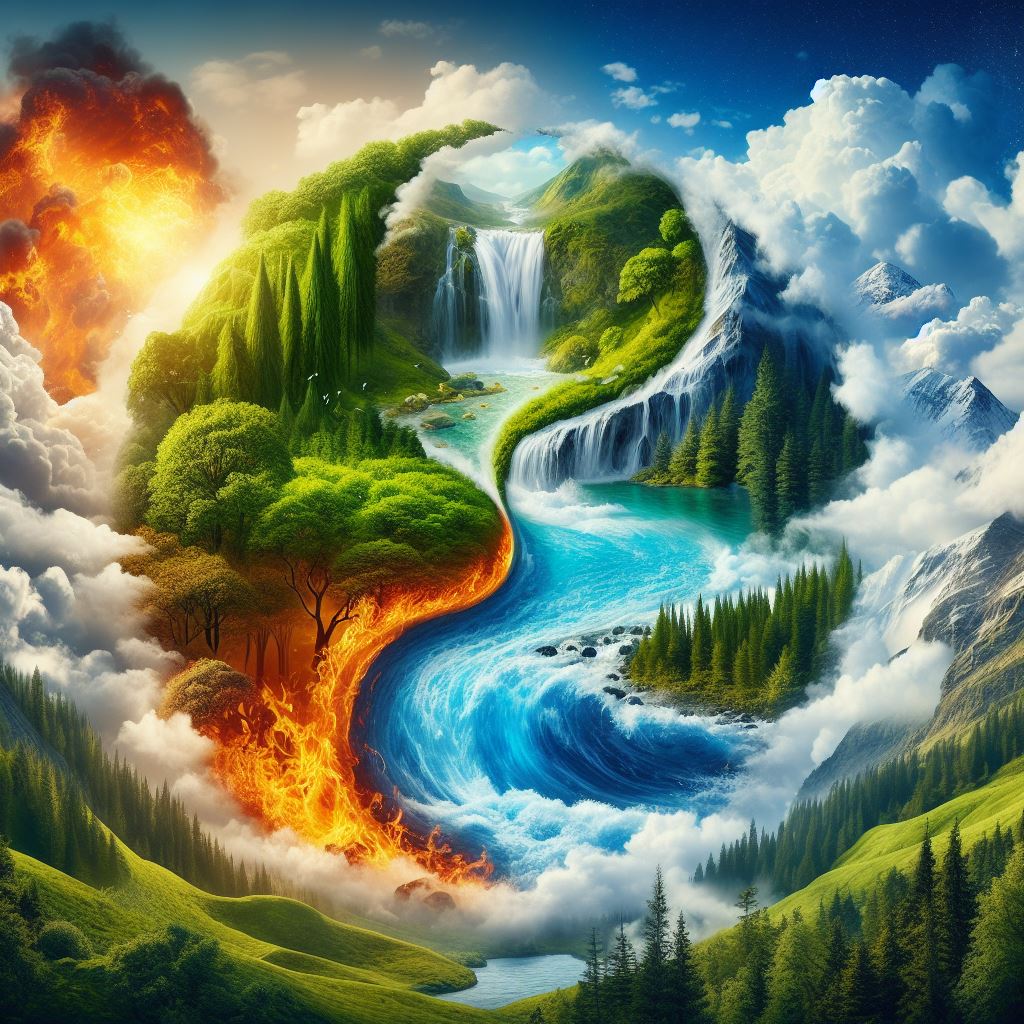 Ilustración sobre los cuatro elementos: aire, agua, fuego y tierra