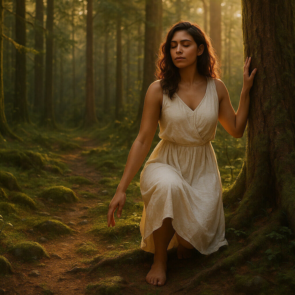 Imagen de mujer con vestido blanco arrodillada junto a un árbol con una postura de meditación